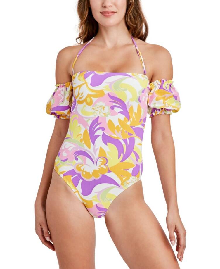 BCBGeneration Floral Off Shoulder One Piece Swimsuit Women M/M Yellow Multicolor