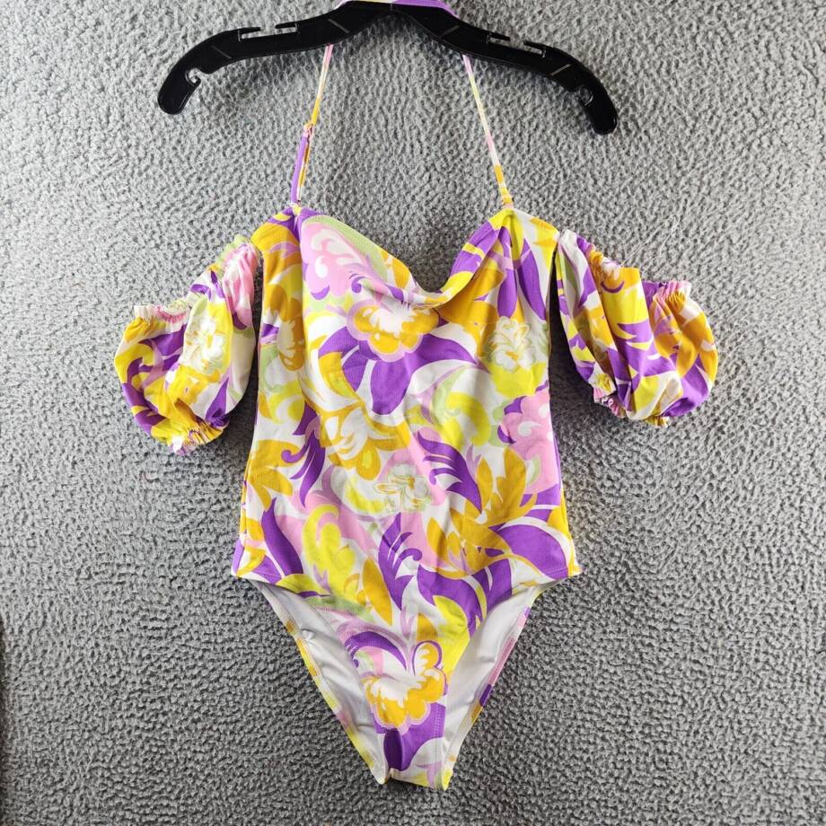 BCBGeneration Floral Off Shoulder One Piece Swimsuit Women M/M Yellow Multicolor