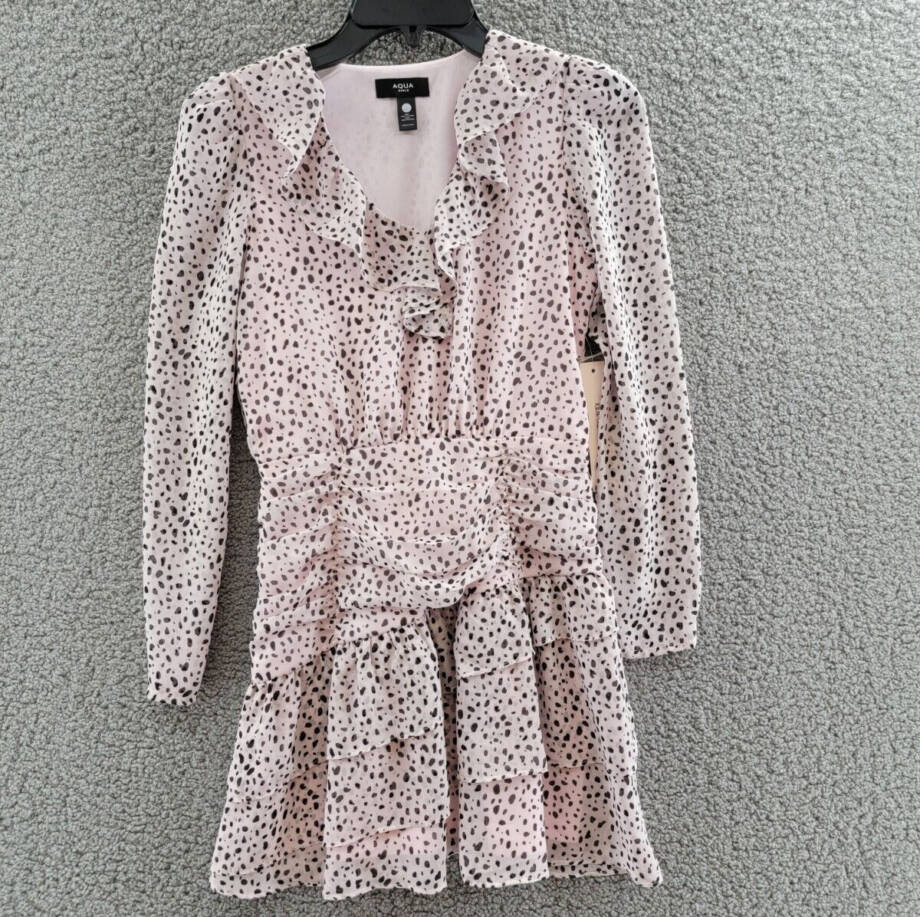 AQUA Asymmetrical Ruffle Dress Girls L 10/12 Pink/Black V-Neck Ruched Waist L/S~