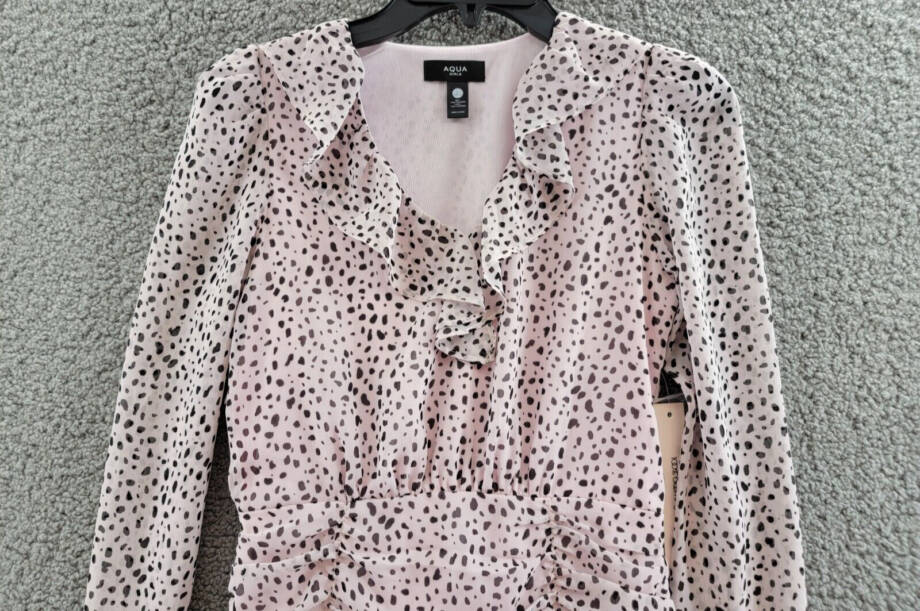 AQUA Asymmetrical Ruffle Dress Girls L 10/12 Pink/Black V-Neck Ruched Waist L/S~