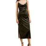 Taylor Petite Cowl-Neck Sleeveless Midi Velvet Dress Women's 8P Olive Back Zip~