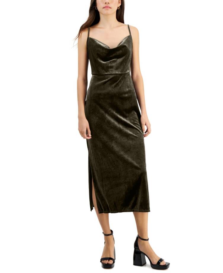 Taylor Petite Cowl-Neck Sleeveless Midi Velvet Dress Women's 8P Olive Back Zip~