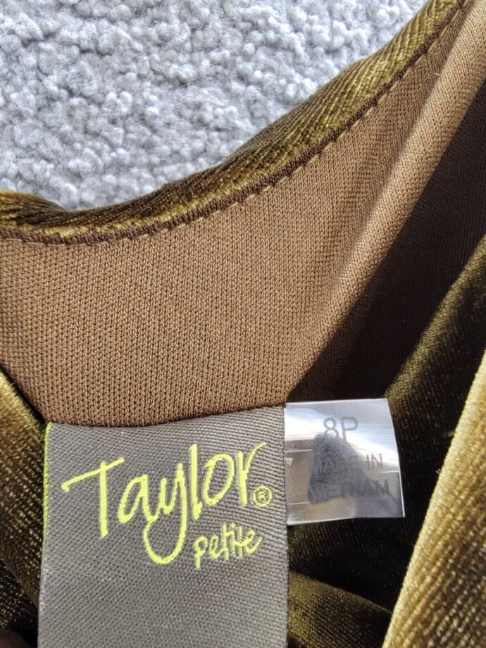 Taylor Petite Cowl-Neck Sleeveless Midi Velvet Dress Women's 8P Olive Back Zip~