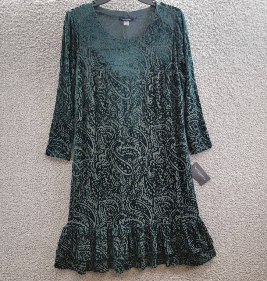Tommy Hilfiger Velvet Burnout Paisley Print Dress Women's 16 Spruce 3/4 Sleeve