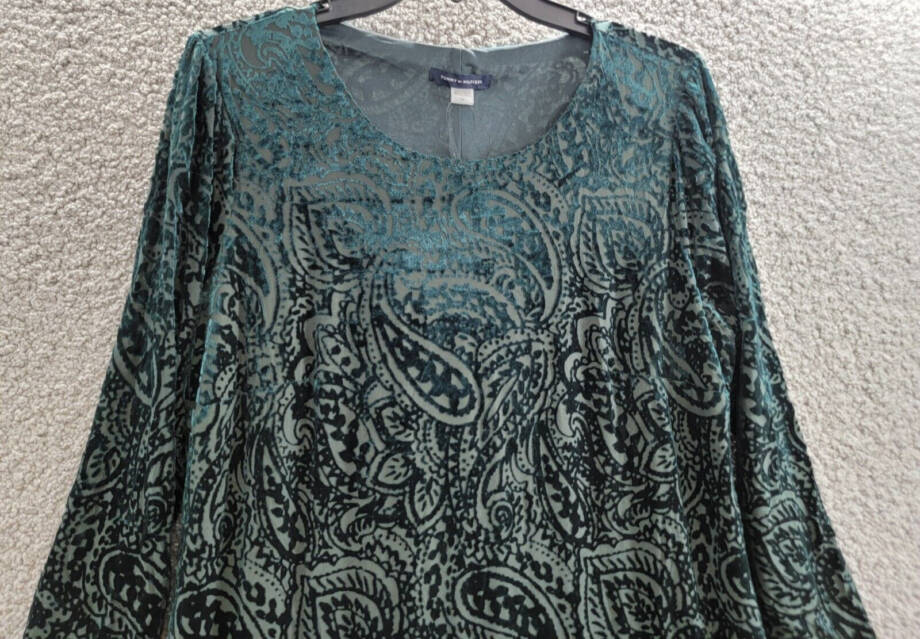 Tommy Hilfiger Velvet Burnout Paisley Print Dress Women's 16 Spruce 3/4 Sleeve