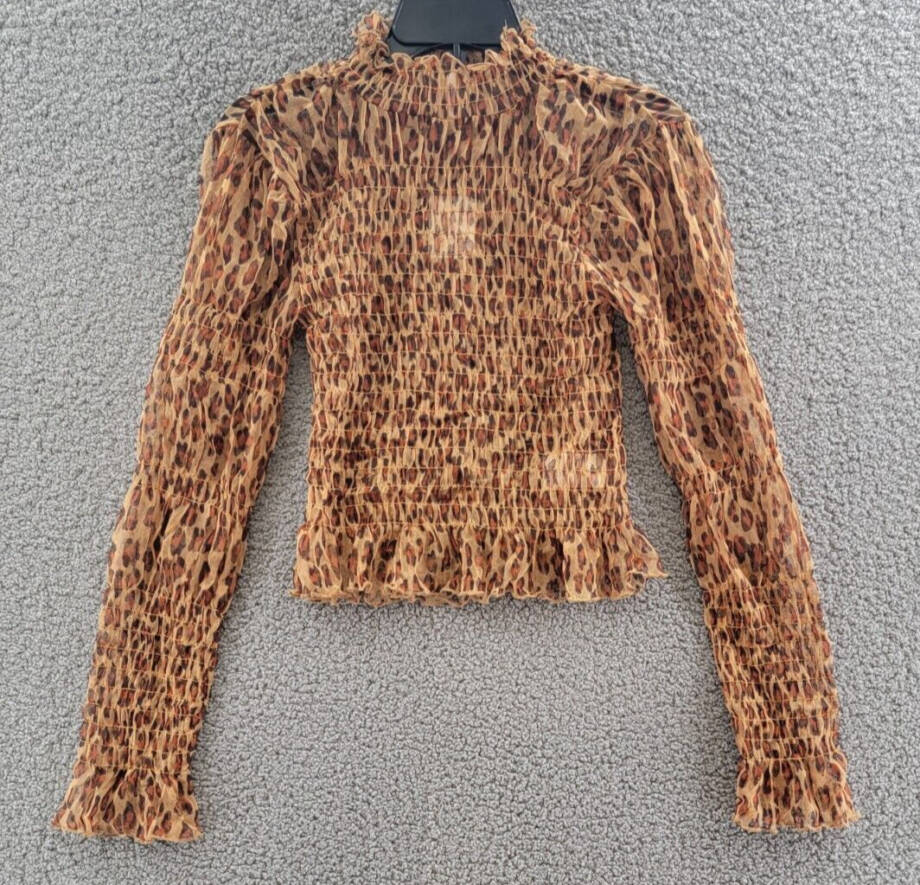 Free People Hello There Smocked Top Womens S Leopard Combo Mock Neck Long Sleeve