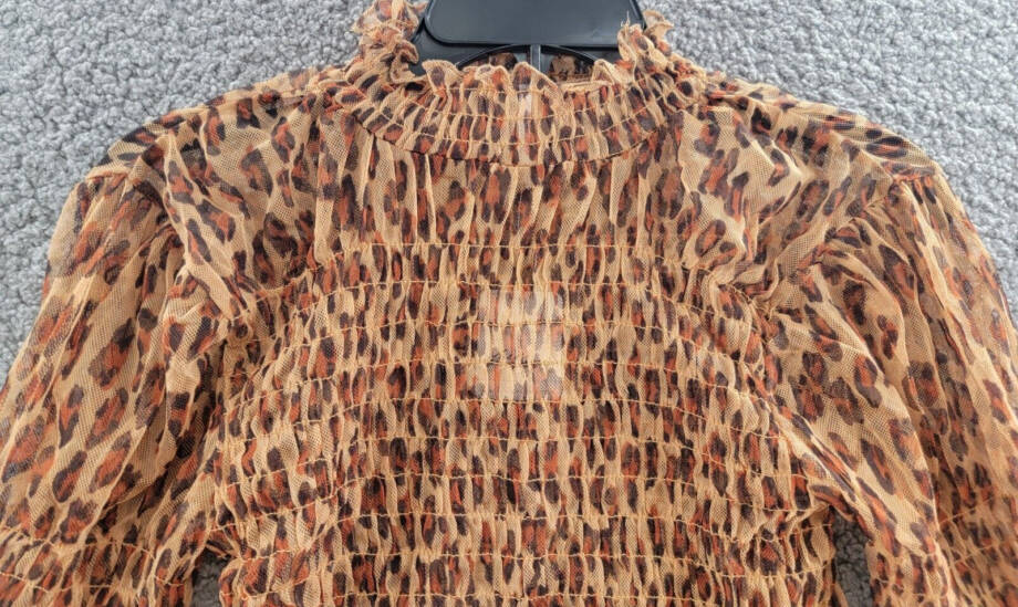 Free People Hello There Smocked Top Womens S Leopard Combo Mock Neck Long Sleeve