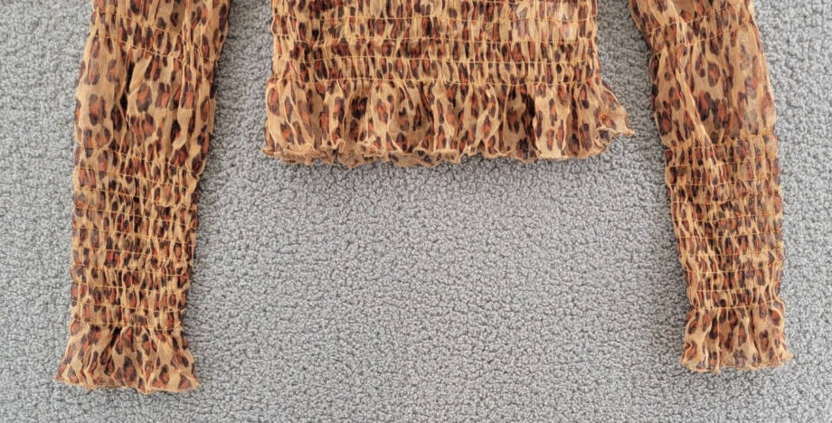Free People Hello There Smocked Top Womens S Leopard Combo Mock Neck Long Sleeve