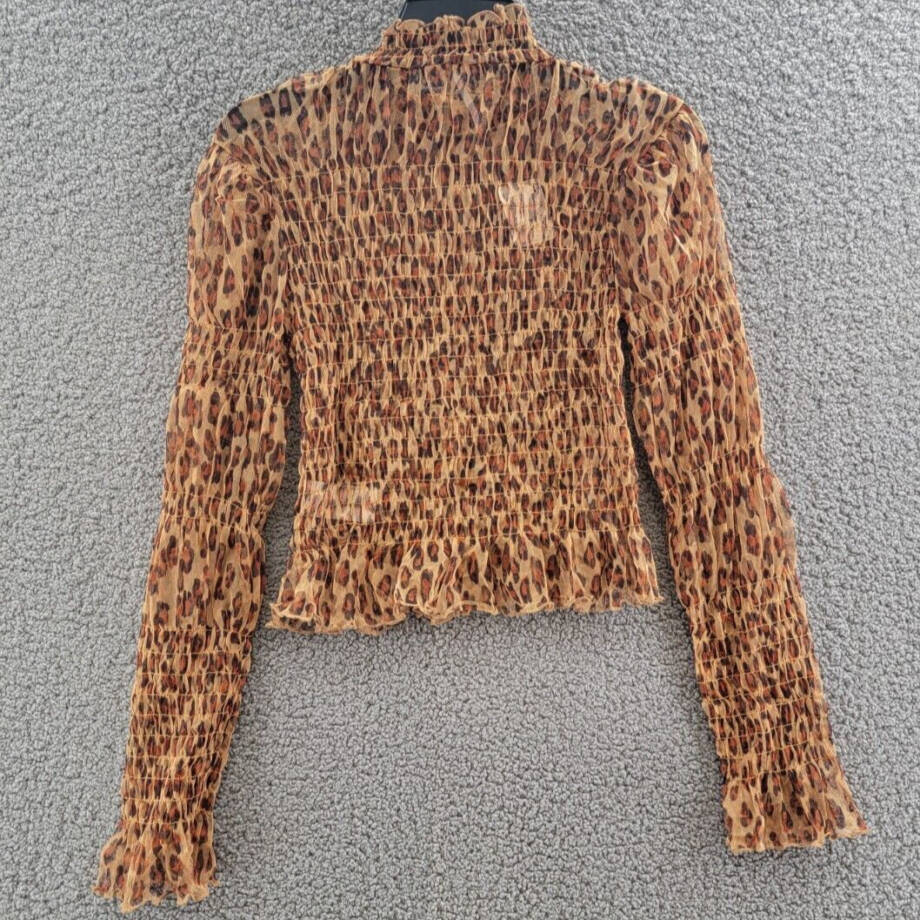 Free People Hello There Smocked Top Womens S Leopard Combo Mock Neck Long Sleeve