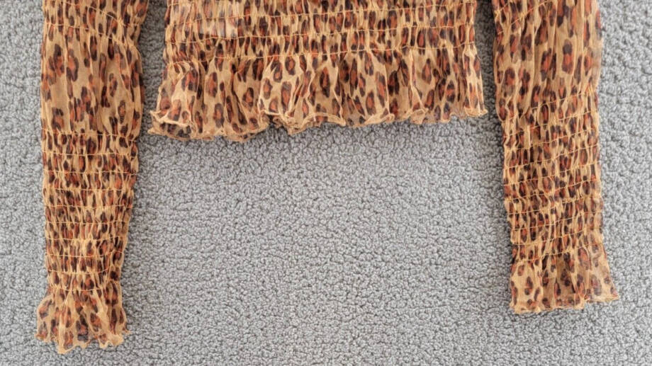 Free People Hello There Smocked Top Womens S Leopard Combo Mock Neck Long Sleeve