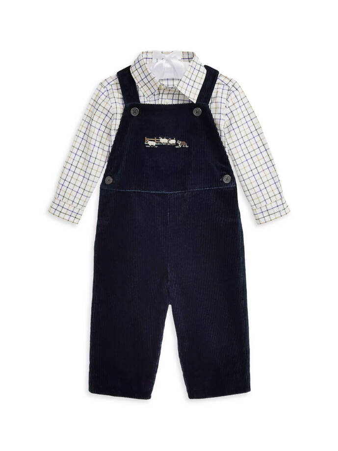 Ralph Lauren 2-Piece Plaid Shirt & Corduroy Overalls Set Baby Boys 12M Navy L/S