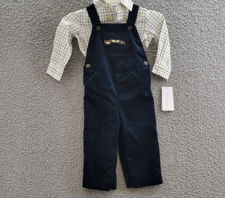 Ralph Lauren 2-Piece Plaid Shirt & Corduroy Overalls Set Baby Boys 12M Navy L/S