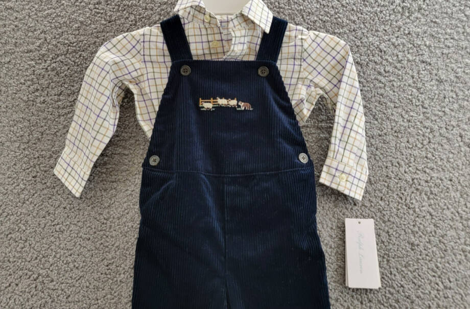 Ralph Lauren 2-Piece Plaid Shirt & Corduroy Overalls Set Baby Boys 12M Navy L/S