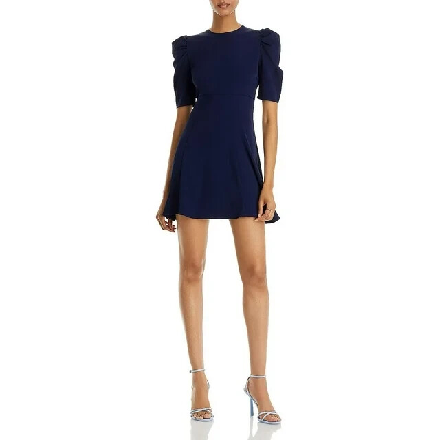 AQUA Elbow Puff Sleeve Mini Dress Women's Small Navy Back Zipper Closure +
