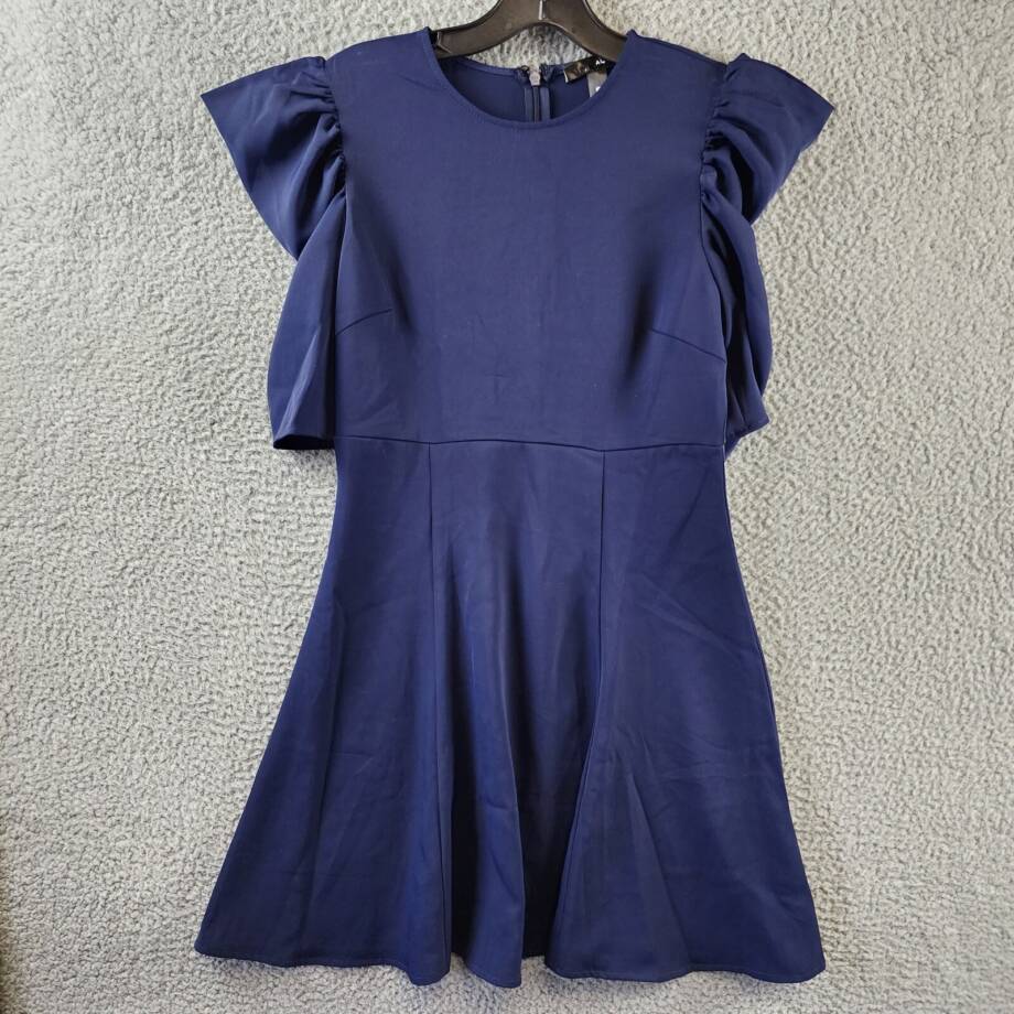 AQUA Elbow Puff Sleeve Mini Dress Women's Small Navy Back Zipper Closure +