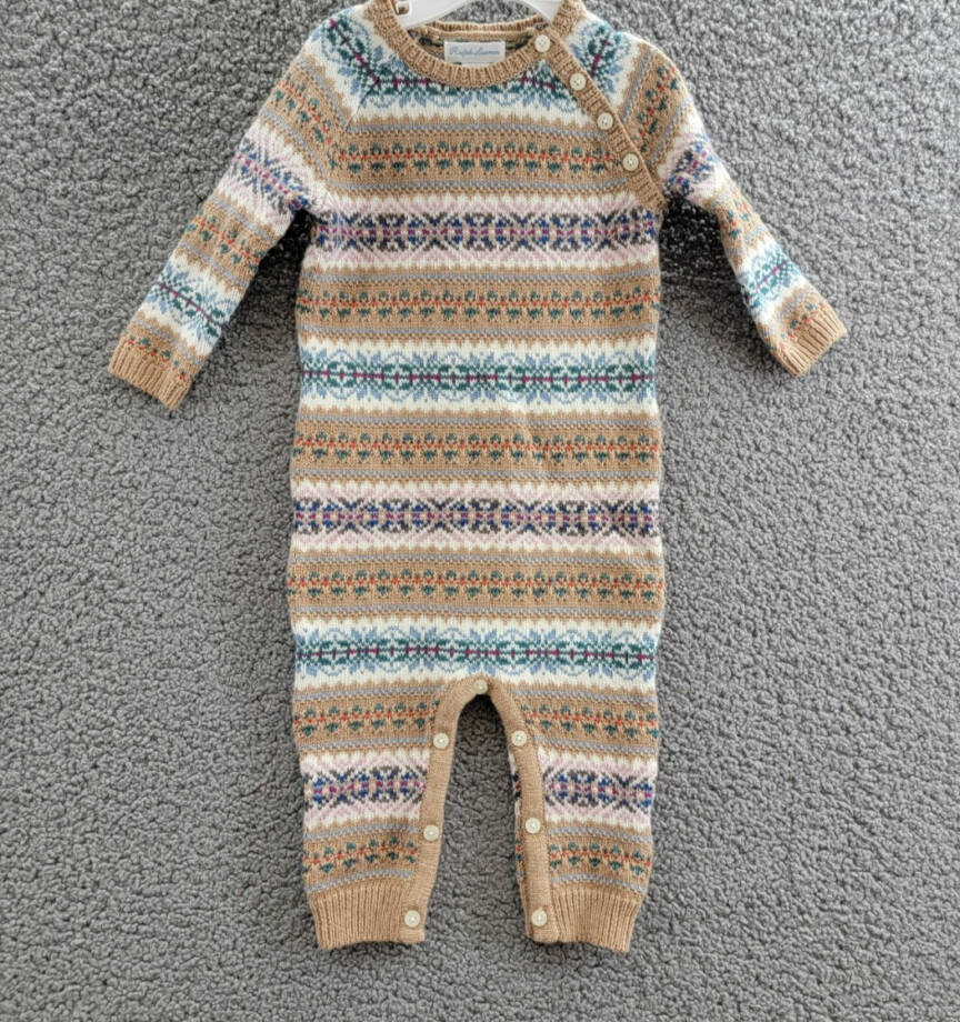 Ralph Lauren Fair Isle Wool Blend Sweater Coveralls Baby Boys' 9-12M Khaki Multi