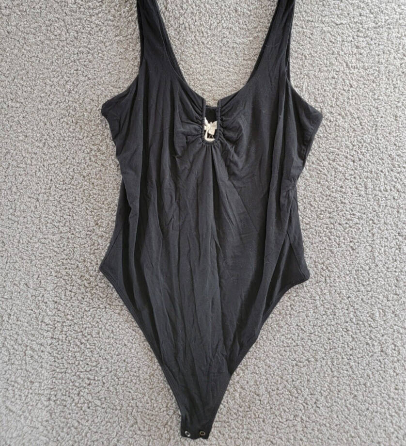 Good American Good Touch Ruched U-Ring Bodysuit Top Women's 4 Black Snap Gusset