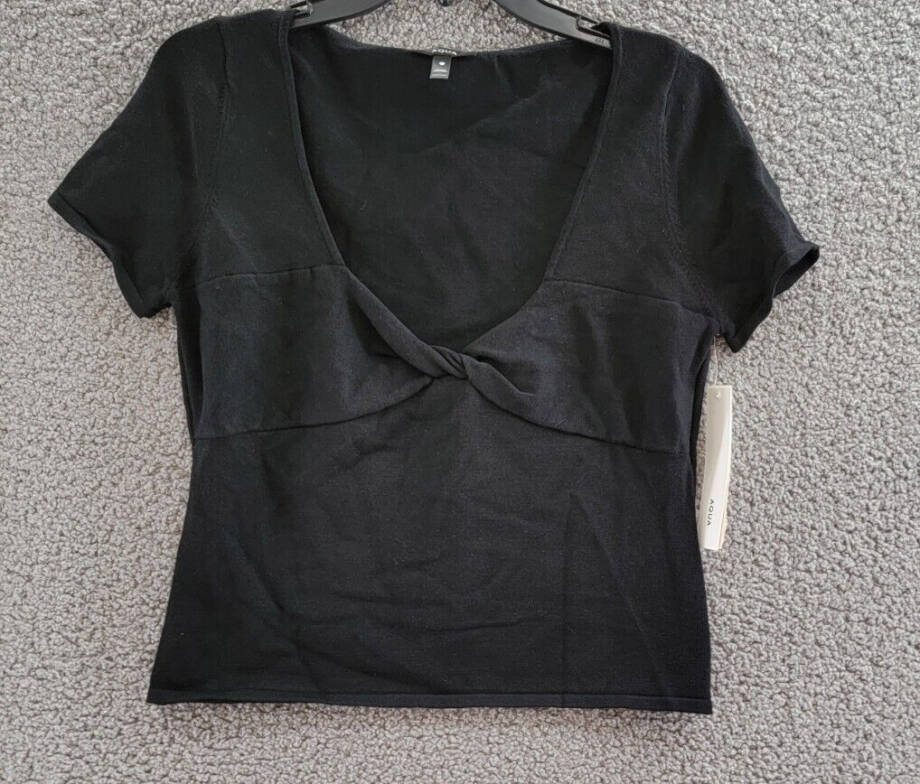 Aqua Twist Front Scoop Neck Top Women's XL Black Solid Short Sleeve Pullover