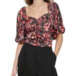 DKNY Printed Satin Ruched Crop Blouse Women's XS Persimmon Multi Pullover S/S
