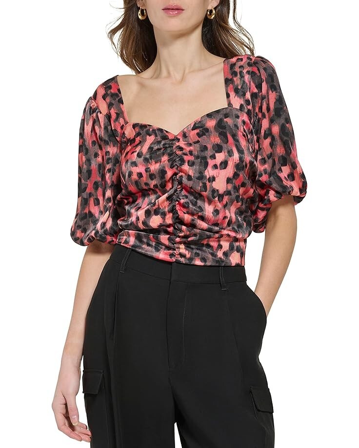 DKNY Printed Satin Ruched Crop Blouse Women's XS Persimmon Multi Pullover S/S