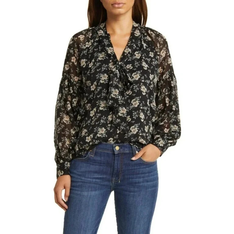 VINCE CAMUTO Printed Bow Back Blouse Women's XXS Rich Black Multi Long Sleeve