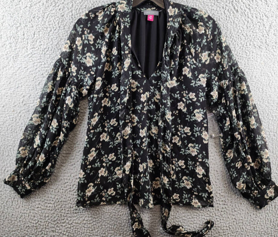 VINCE CAMUTO Printed Bow Back Blouse Women's XXS Rich Black Multi Long Sleeve
