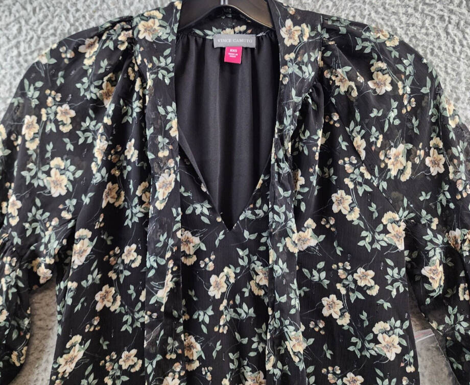 VINCE CAMUTO Printed Bow Back Blouse Women's XXS Rich Black Multi Long Sleeve