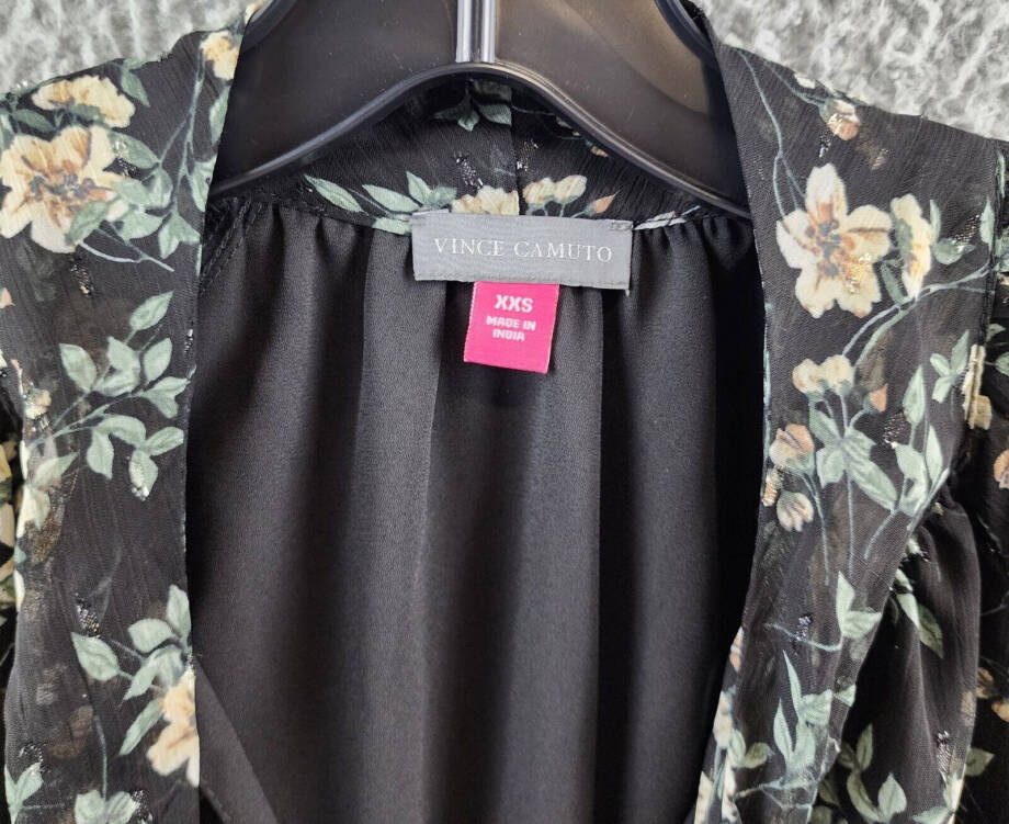 VINCE CAMUTO Printed Bow Back Blouse Women's XXS Rich Black Multi Long Sleeve
