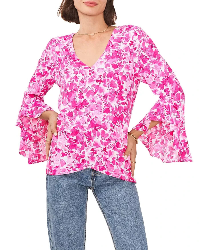 VINCE CAMUTO Bell Sleeve V-Neck Top Women's XS Hot Pink Long Sleeve Pullover