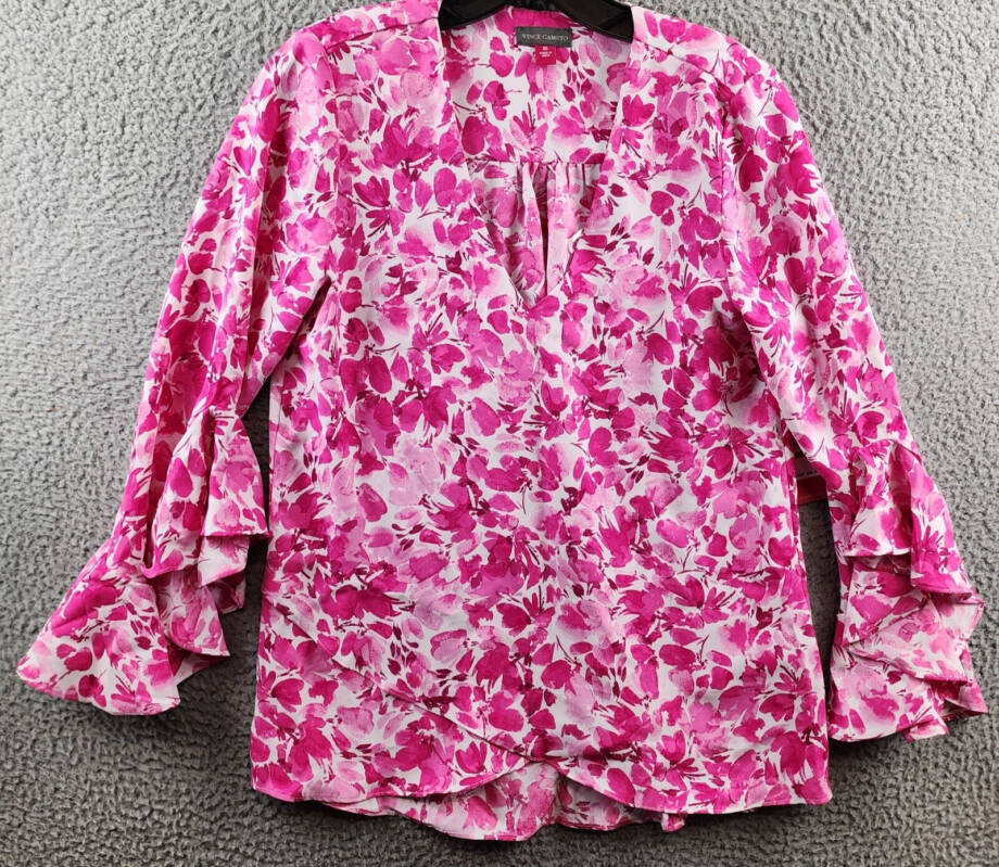 VINCE CAMUTO Bell Sleeve V-Neck Top Women's XS Hot Pink Long Sleeve Pullover