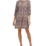 Tommy Hilfiger Printed Tie-Neck Shift Dress Women's 4 Multi 3/4 Sleeve Pullover
