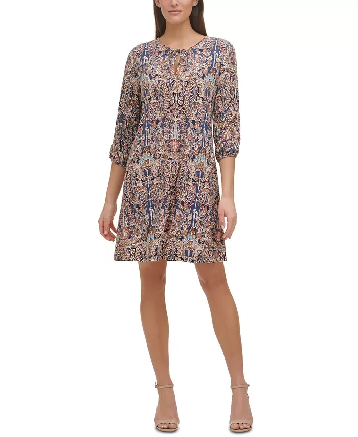 Tommy Hilfiger Printed Tie-Neck Shift Dress Women's 4 Multi 3/4 Sleeve Pullover