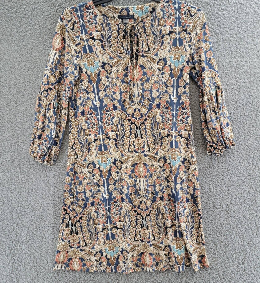 Tommy Hilfiger Printed Tie-Neck Shift Dress Women's 4 Multi 3/4 Sleeve Pullover