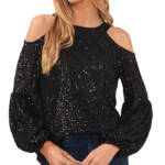 CeCe Cold Shoulder Sequined Blouse Women's XS Rich Black Round Neck Pullover L/S