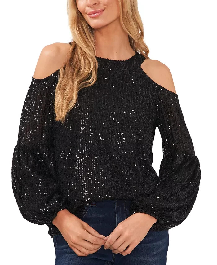 CeCe Cold Shoulder Sequined Blouse Women's XS Rich Black Round Neck Pullover L/S