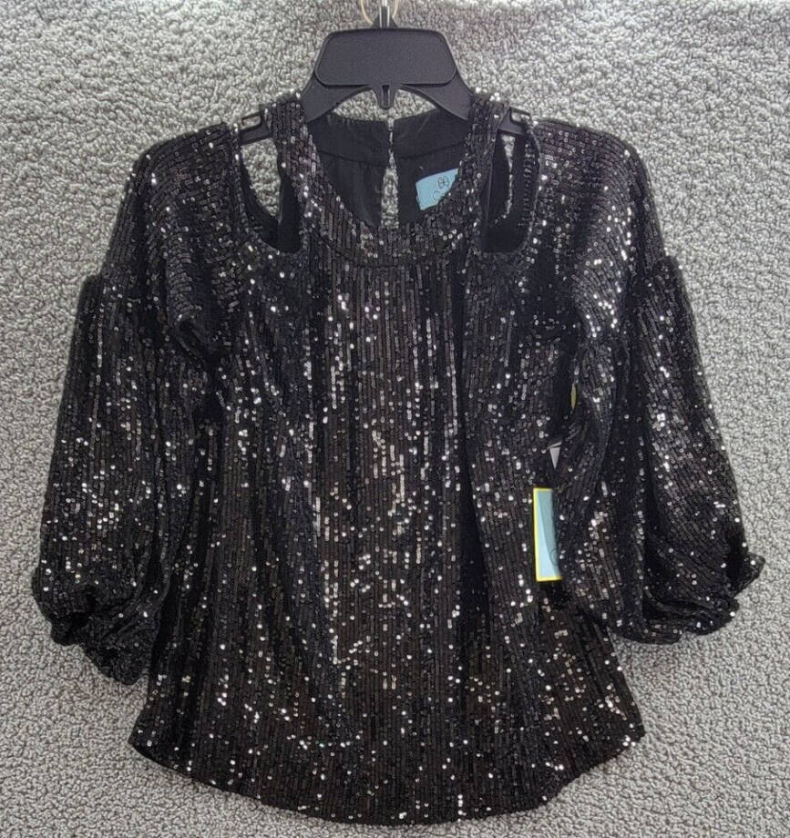 CeCe Cold Shoulder Sequined Blouse Women's XS Rich Black Round Neck Pullover L/S