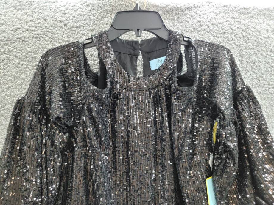 CeCe Cold Shoulder Sequined Blouse Women's XS Rich Black Round Neck Pullover L/S