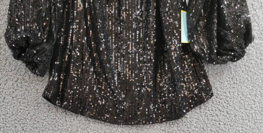 CeCe Cold Shoulder Sequined Blouse Women's XS Rich Black Round Neck Pullover L/S