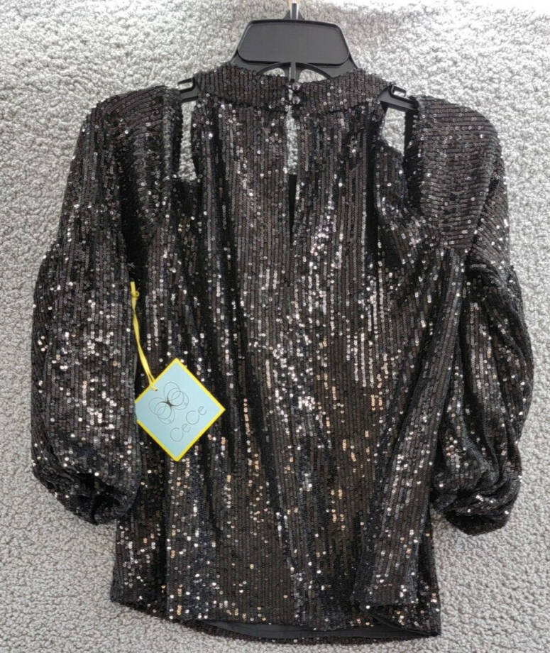 CeCe Cold Shoulder Sequined Blouse Women's XS Rich Black Round Neck Pullover L/S
