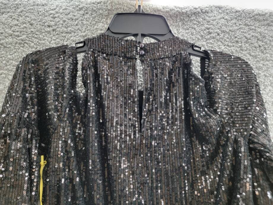 CeCe Cold Shoulder Sequined Blouse Women's XS Rich Black Round Neck Pullover L/S