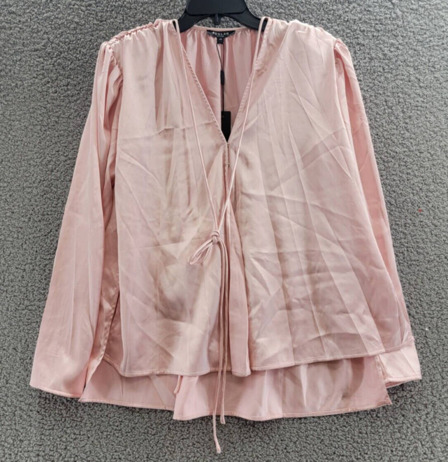 Beulah Sateen Dressy Blouse Shirt Women's All Light Pink Tie V-Neck OS