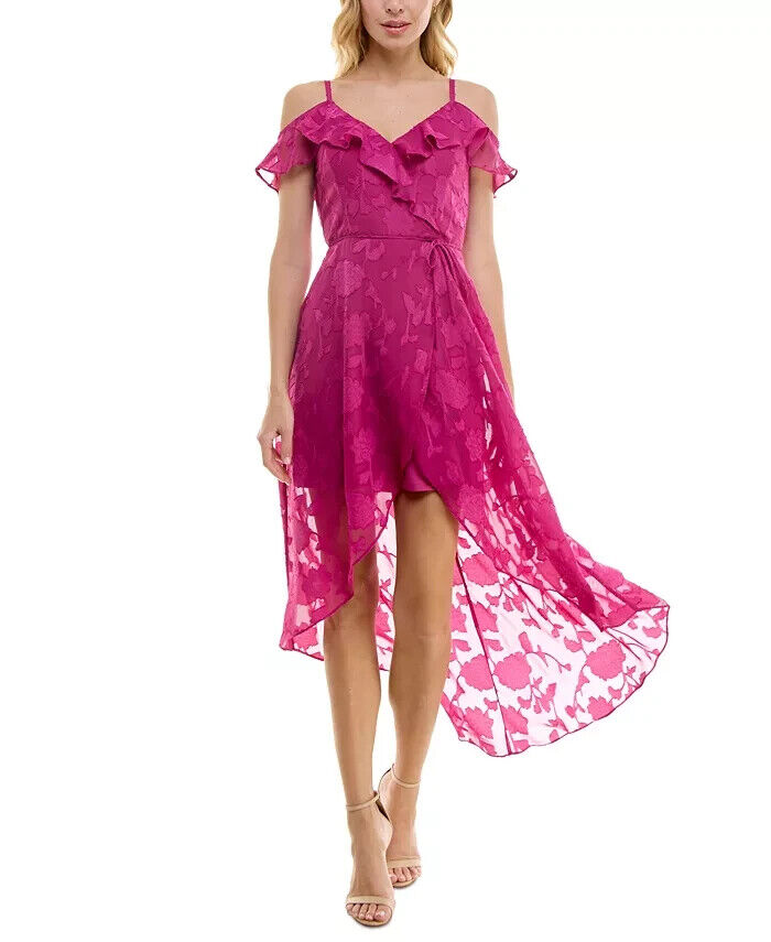 BCX Off-The-Shoulder Ruffled Asymmetrical-Hem Jacquard Dress Women's XL Fuchsia
