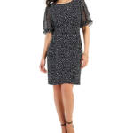 Connected Elbow Puff-Sheer-Sleeve Sheath Dress Women's 10 Black/White Pullover