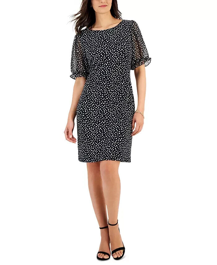 Connected Elbow Puff-Sheer-Sleeve Sheath Dress Women's 10 Black/White Pullover