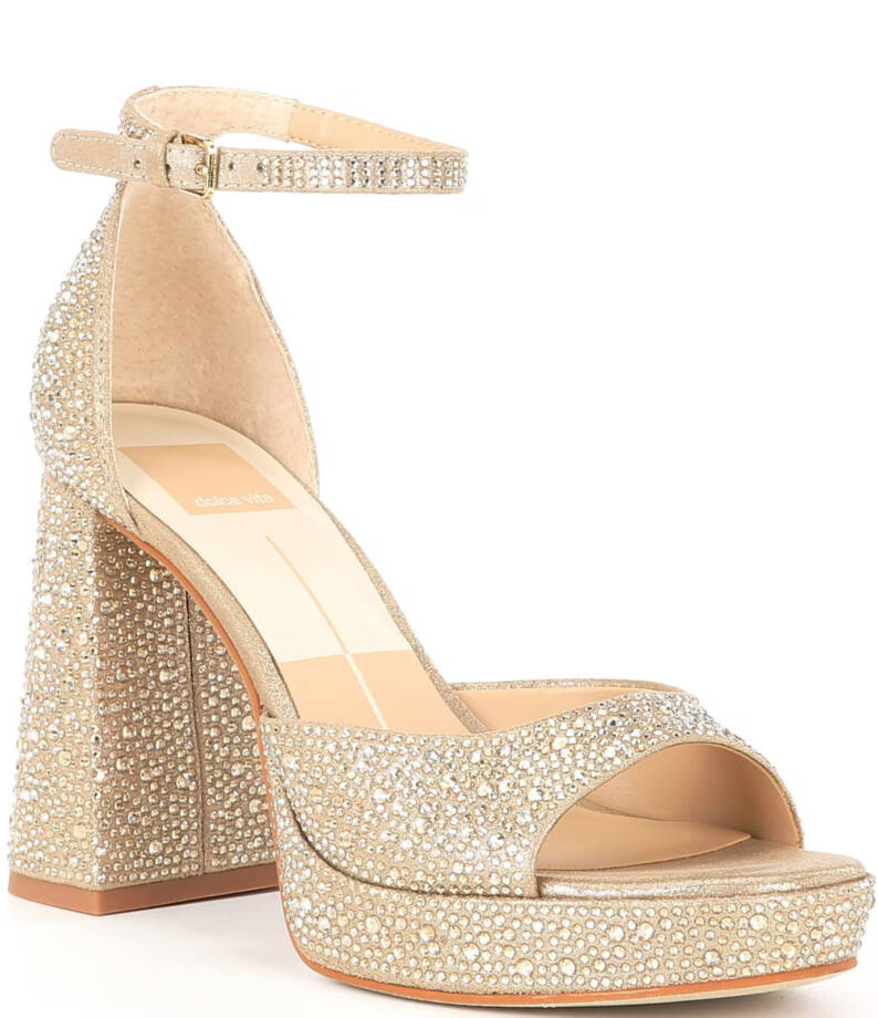 Dolce Vita Pandro Crystal Embellished Block Heels Women's 6.5 Light Gold Buckled