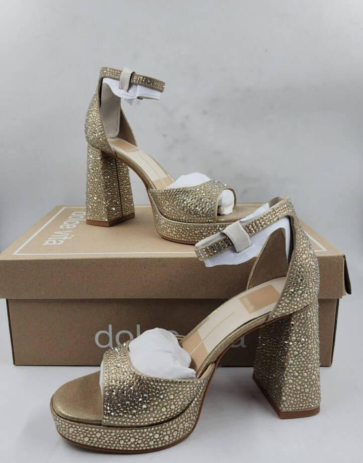 Dolce Vita Pandro Crystal Embellished Block Heels Women's 6.5 Light Gold Buckled