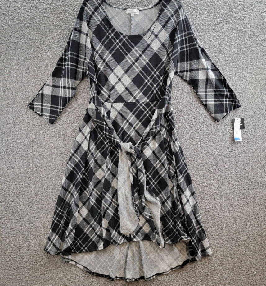 Signature by Robbie Bee Plaid-Print 3/4-Sleeve Midi Dress Women's XL Black Multi