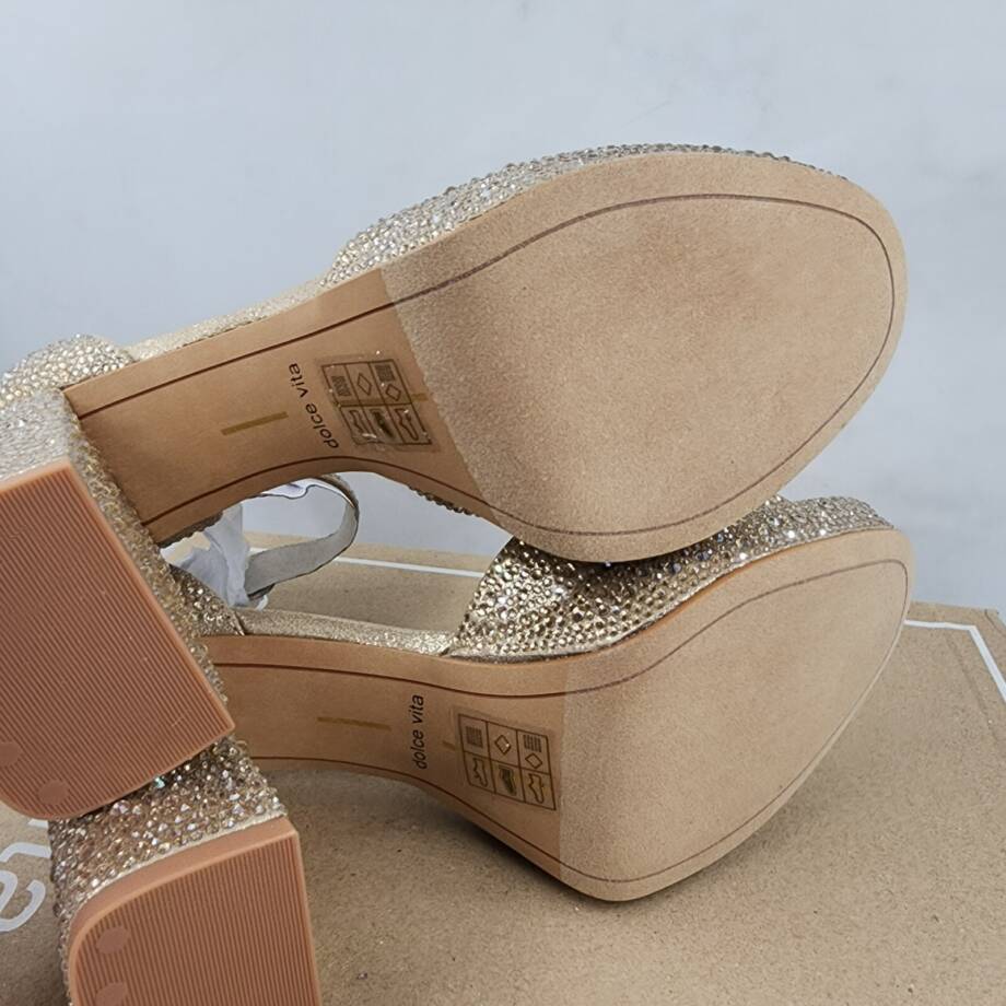 Dolce Vita Pandro Crystal Embellished Block Heels Women's 6.5 Light Gold Buckled