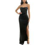 Emerald Sundae Drape-Front Long Sateen Gown Juniors' M Black Back Zipper Closure