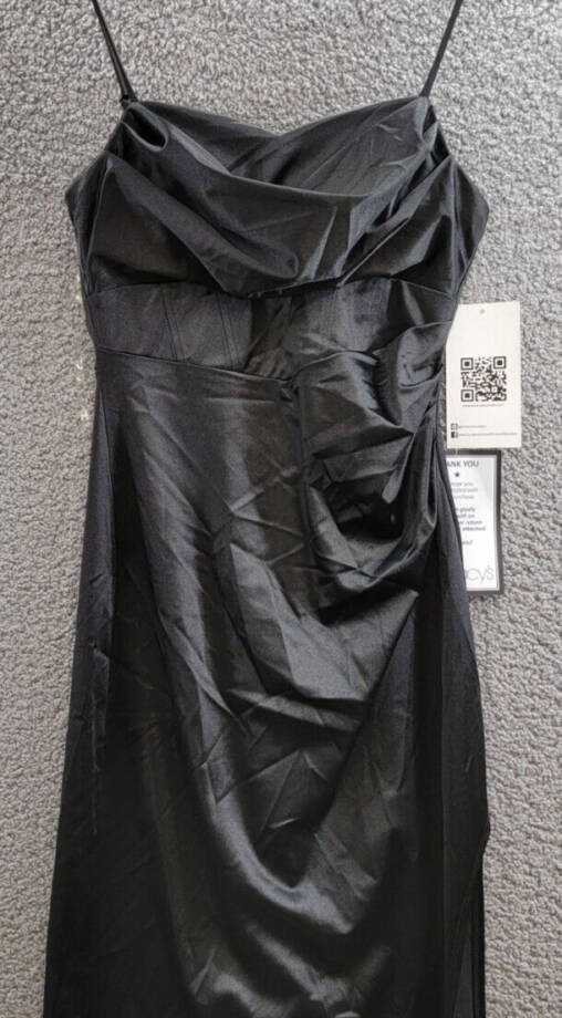Emerald Sundae Drape-Front Long Sateen Gown Juniors' M Black Back Zipper Closure